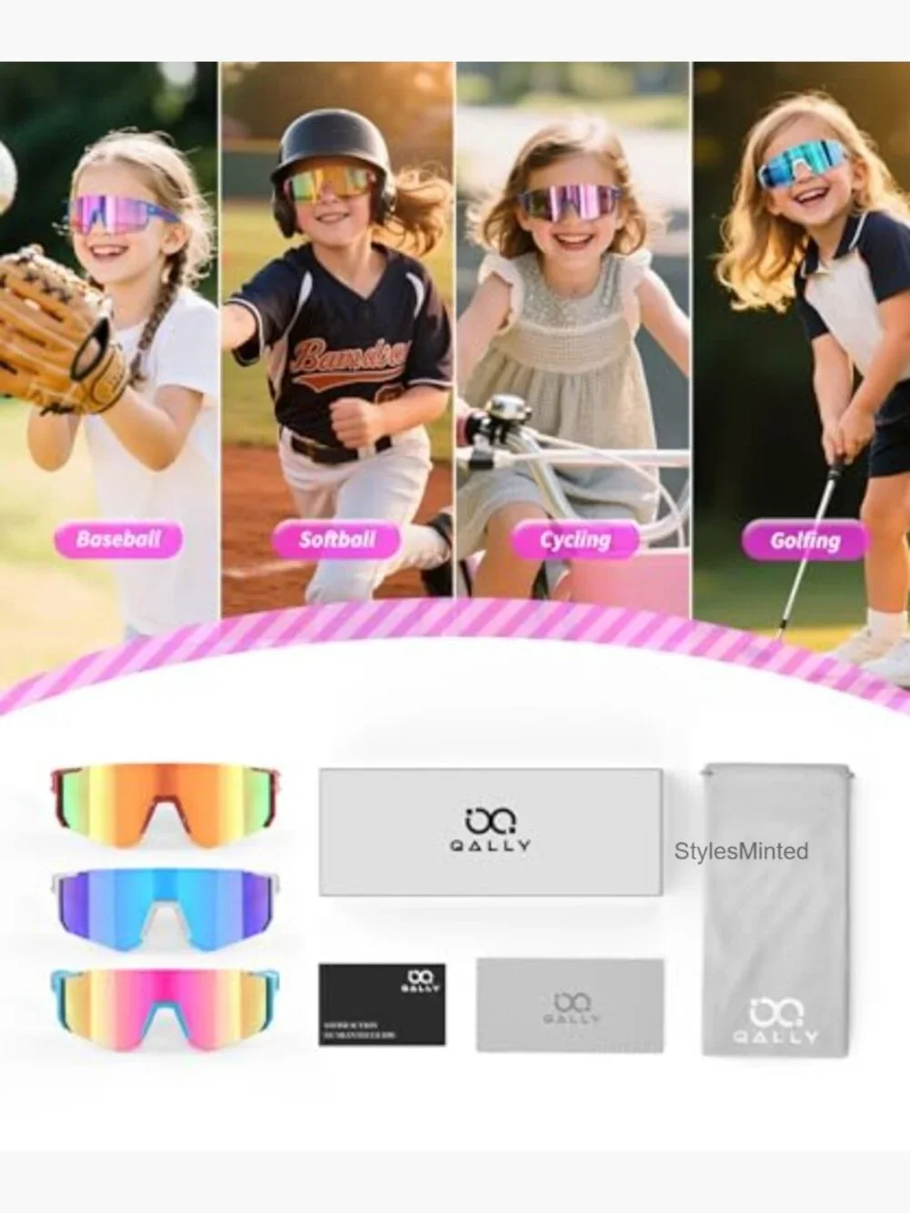 Youth Baseball Softball Sunglasses 3 Pack UV Protection Kids Sports